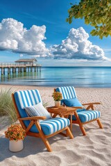 Fototapeta premium Two striped beach chairs on a sandy shore with a wooden pier and dramatic clouds over calm sea