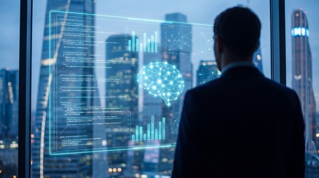 Businessman analyzing digital data and code in futuristic office