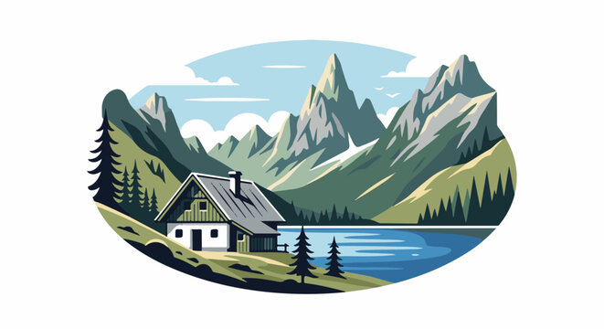 A rustic cabin sits by a serene lake beneath majestic mountain peaks