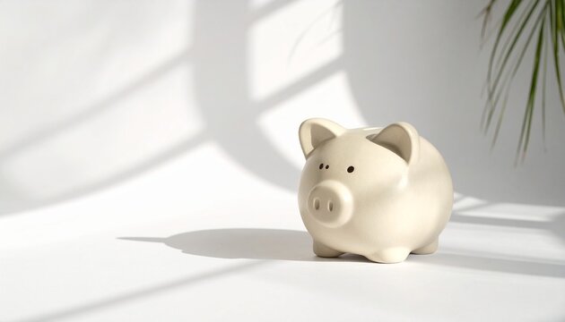 Elegant ceramic piggy bank in a bright, minimalist setting with soft shadows, representing financial savings, future investments, and responsible money management