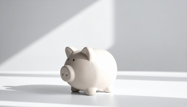 Classic white ceramic piggy bank sitting on a clean, minimalist surface with soft shadows, symbolizing prudent financial savings, future investments, and long-term economic security