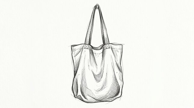 Hand drawn illustration of a fabric shopping bag or tote bag hanging, showing realistic folds and textures in pencil sketch style.