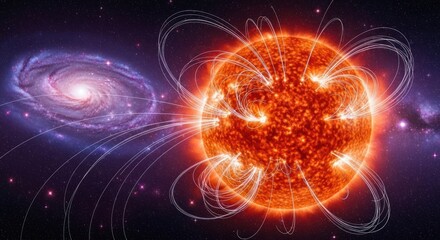 Fototapeta premium Cosmic illustration showing a bright star with magnetic fields interacting with a spiral galaxy