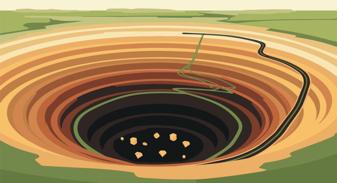 A stylized abstract landscape with a deep, circular pit and a path winding around it