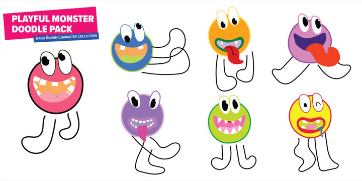 Cute Hand Drawn Monster Characters Collection with Funny Expressions Vector Set