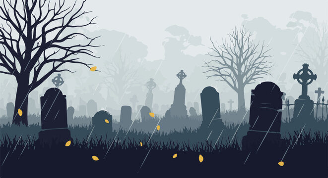 A somber graveyard scene with rain and falling leaves