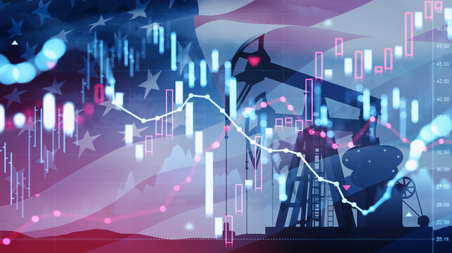 Oil market chart with pump jack silhouettes and financial graph overlay on flag themed background showing economic concept of price movement.