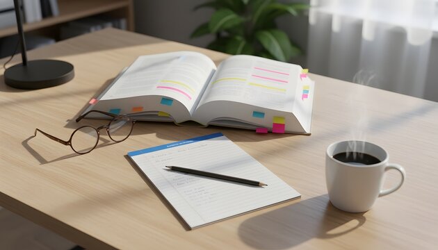 Open book with notes and steaming coffee for final school exams contemplation and studying at desk, a student education and academic research concept
