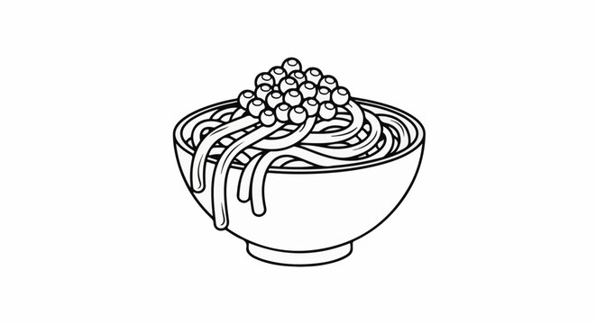 A simple outline drawing of a bowl of noodles topped with small round items