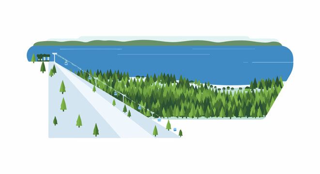 A ski resort scene with a cable car, snowy slope, trees, and lake