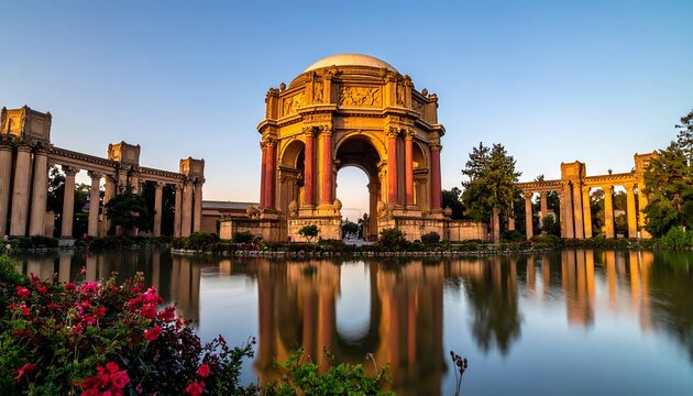 Grand domed structure with arched colonnades reflects in calm water