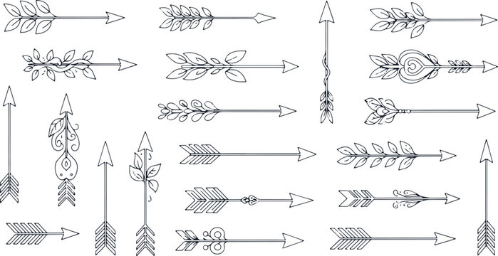Decorative arrow designs with leaves and ornate details on transparent background.