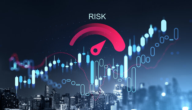 Financial risk gauge above city skyline with glowing forex chart elements and rising market indicators highlighting investment uncertainty.