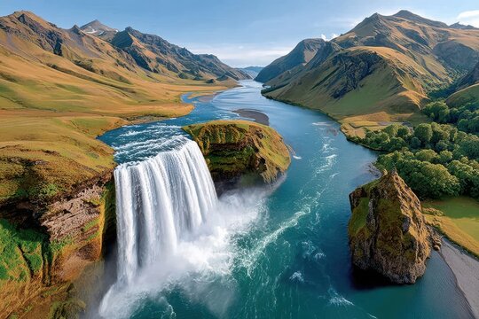 Aerial view of a powerful Iceland waterfall cascading into a winding river through green hills and mountains