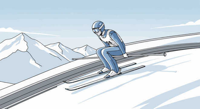 A ski jumper in blue racing suit descends a snowy ramp towards mountains