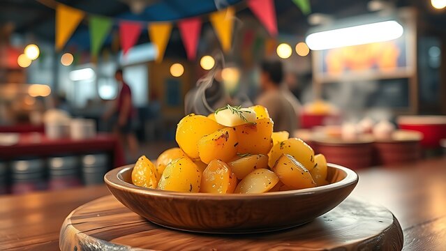 butter. Golden potato dish with butter and herbs on rustic plate, festive food stall atmosphere. menu design, packaging mockups, designed for culinary blogs and recipe cards for restaurants.
