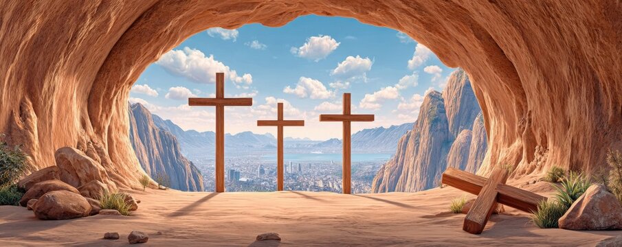 Three wooden crosses in a desert cave opening overlooking a city valley at sunrise, symbolic Christian scene