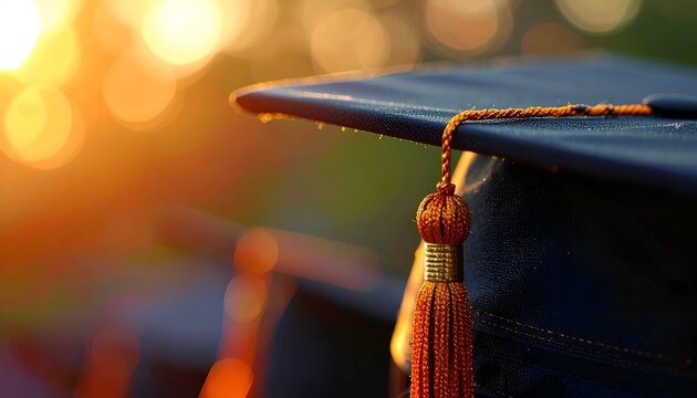 Inspiring academic achievement photography intensely highlighting the golden tassel of a classic black university graduation cap.