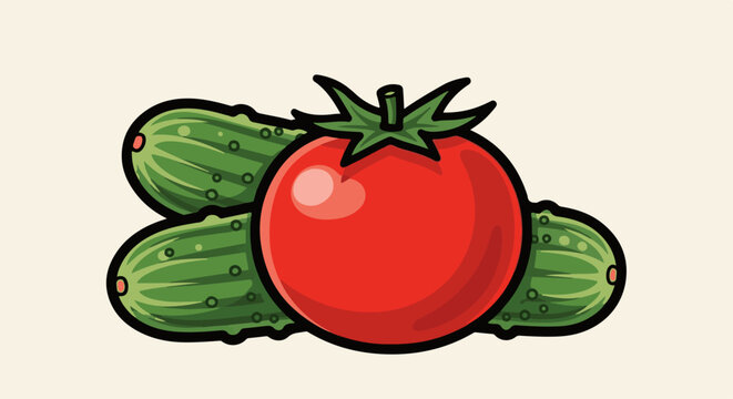 A ripe red tomato sits with two green cucumbers