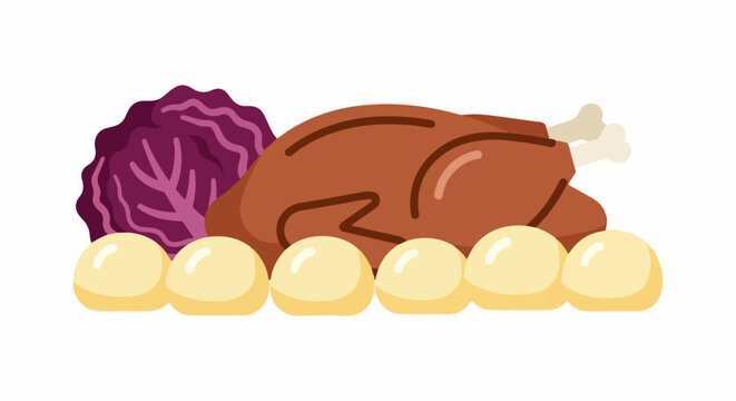A roasted bird with mashed potatoes and red cabbage