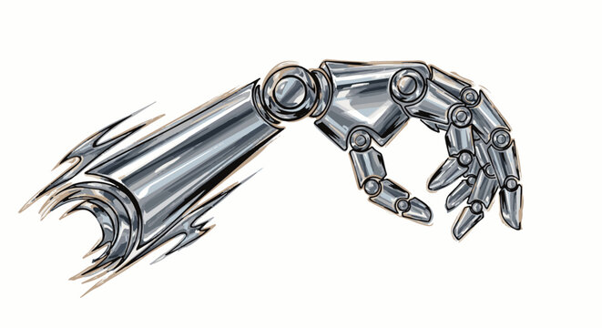 A robotic arm with metallic segmented structure, bent fingers, and sharp edges