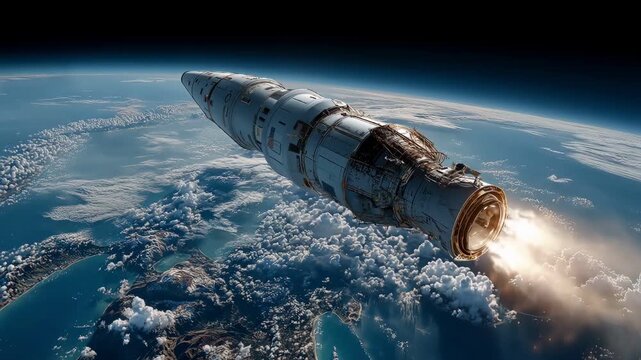 Heavy space rocket module firing bright engines over Earth in cinematic style.