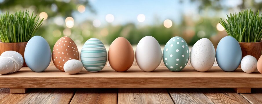 Pastel Easter eggs arranged on a wooden floorboard table with spring grass background