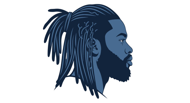 Man with Dreadlocks and Beard, Profile View, Blue Tones, Modern Illustration