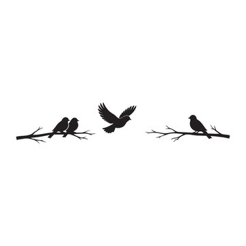 Black Silhouette Birds on Branch Scene &mdash; Flat Vector Set of Perched and Flying Birds on Bare Tree Branches, Isolated on White for Nature, Wall Art, Wedding, and Bohol Design