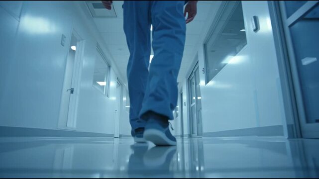 Doctor walking down a sterile hospital corridor, medical, healthcare, science, motion