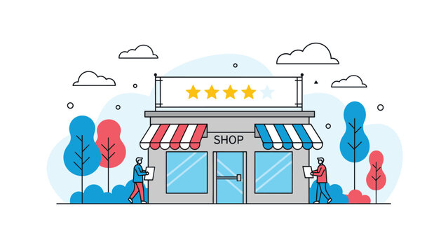 Local business store front illustration featuring customer four-star ratings and professional people walking past the shop.