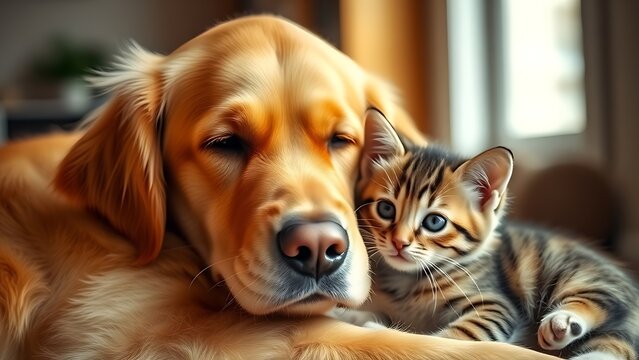 millennium. Golden retriever and kitten together in peaceful interaction. wildlife magazines, conservation campaigns, designed for eco-tourism storytelling.