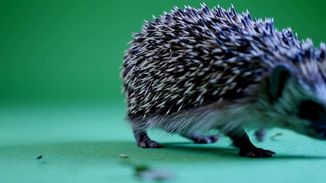 Close-Up View of a Curious European Hedgehog Exploring a Bright Green Surface in Nature