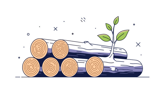 Sustainable forestry and natural renewal concept showing a stack of cut wooden logs with a fresh green sprout growing from the side.
