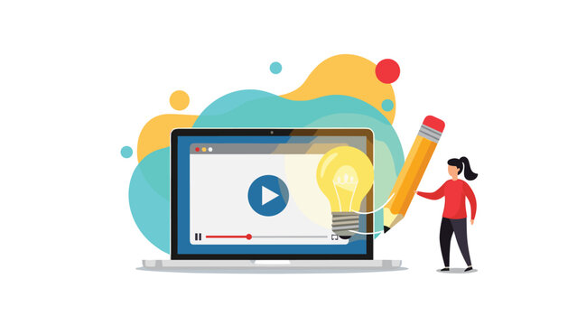 Creative video content production and online learning concept with a woman drawing a light bulb on a laptop screen.