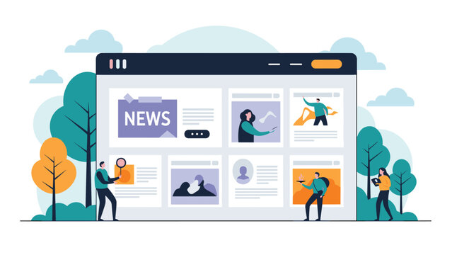 Online news portal and information search concept with people exploring a large screen displaying news articles.