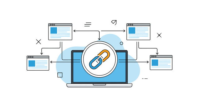 Internal linking and network architecture strategy concept with a laptop screen connected to multiple website browser windows.