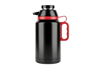 Fototapeta premium Black insulated water bottle with red handle and lid outdoor sports equipment transparent background