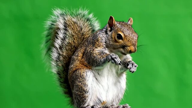 Close-Up View of a Curious Squirrel Perched with Detailed Fur Pattern Against a Vibrant Green Background