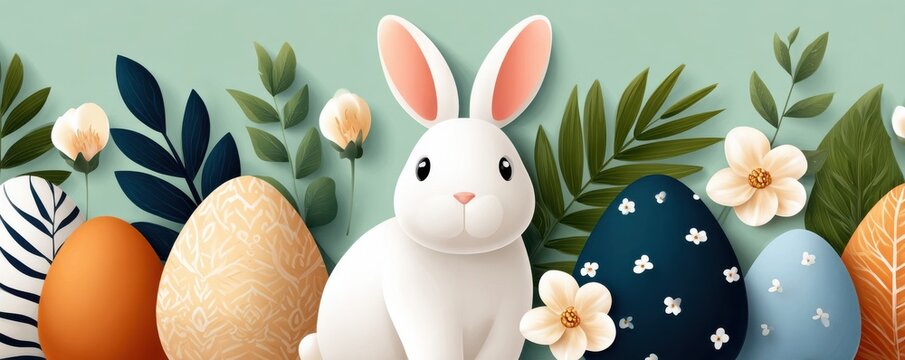 Easter bunny with decorated eggs and spring flowers in pastel flat illustration