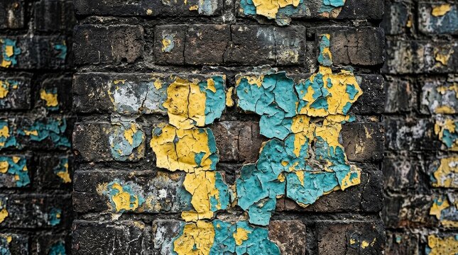 Peeling yellow and blue paint on a distressed brick wall