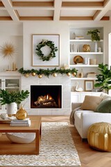 Obraz premium Cozy modern living room with fireplace, Christmas wreath and gold holiday decor