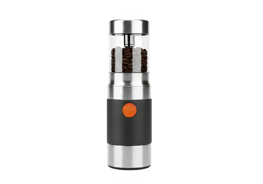 Electric coffee bean grinder with orange button on black panel transparent background
