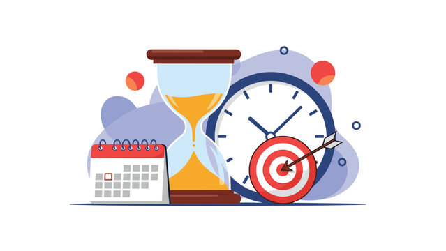 Effective time management and goal setting concept with clock hourglass calendar and target for business success.