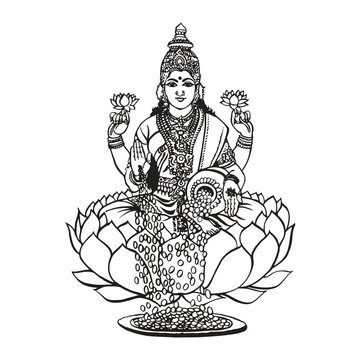 Goddess Dhana Lakshmi vector illustration. Hindu deity of wealth and abundance sitting on a lotus flower, pouring gold coins from a kalash (pot). 