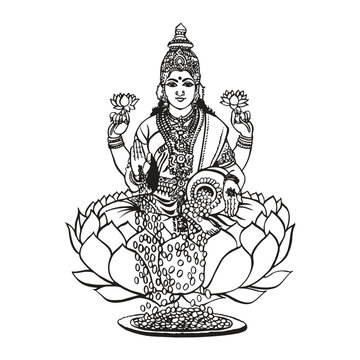 Dhana Lakshmi vector illustration. Hindu Goddess of wealth and prosperity sitting on a lotus flower, pouring gold coins from a kalash (pot). 