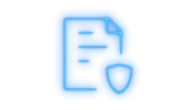 Glowing neon document with shield icon isolated on transparent background. Secure file protection. Cyber security. Data privacy symbol. Insurance policy documentation.