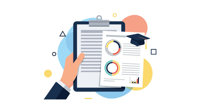 Hand holding academic evaluation report with graduation cap and statistical charts representing educational success.