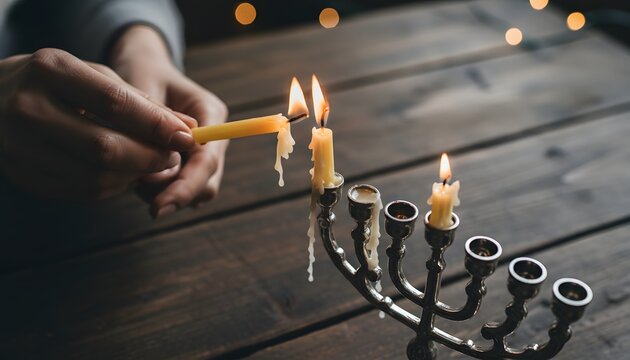 Close up of hands lighting menorah candles on a wooden table for the first night of Hanukkah tradition and faith concept with warm bokeh background
