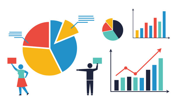 Business data visualization and statistical analysis concept showing various infographics with professionals presenting results.